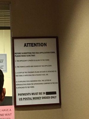 Take note of the usps money order requirement or you'll be running around to get a new m.o. & praying they process your visa app like me.