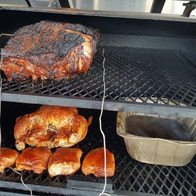 A few pork butts and chicken smoked on Hickory, will be serving May 2018