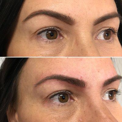 Gave her a more natural looking brow top pic is with makeup bottom pic is after microblading done by Ericka