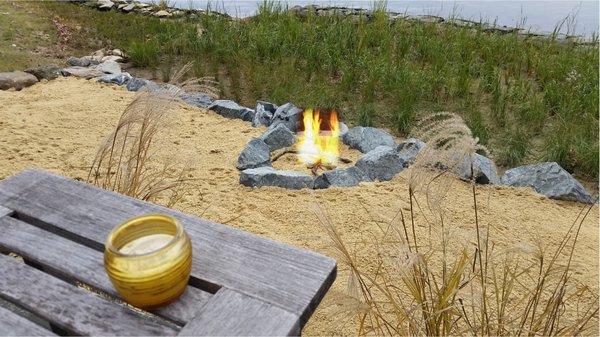 Waterfront beach and fire pit in Crownsville, Maryland