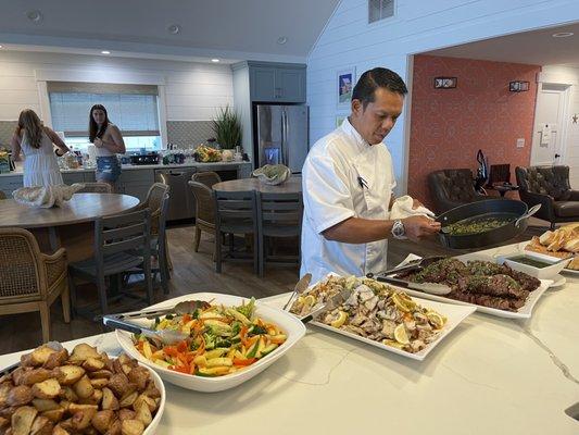 Preparing a meal for 44 guests. Grilled Filet steak, Grilled Chicken, Sautéed Fresh Veggies, roasted potatoes and fresh baked bread!