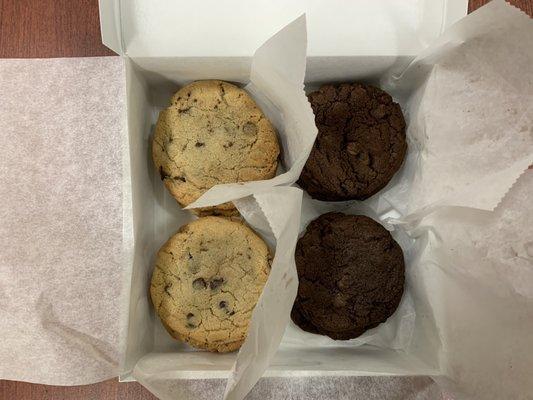 A dozen cookies, chocolate chip and double chocolate