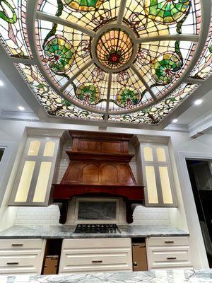 Restored ornamental stained glass ceiling with electrical back lighting installation. New construction Holiday Ut.