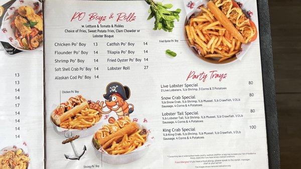 Po' Boys and Party Tray menu options