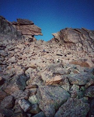 The boulder field looking up to the Keyhole on Longs Peak.