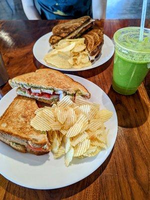 Pesto chicken Sandwich, turkey bacon avocado sandwich, and Jade smoothie.