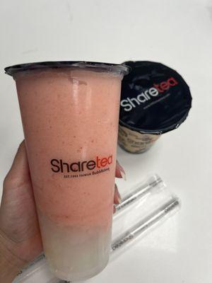 Large Strawberry Ice Blended with Lychee Jelly and Ice Cream (Blended In) and Small Boba Milk Tea