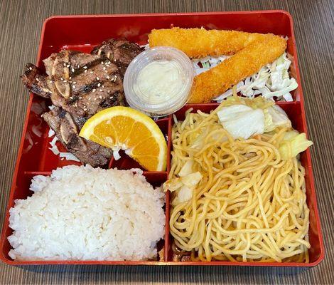 Crispy shrimp, bbq short ribs, yakisoba 2 Items Bento Box