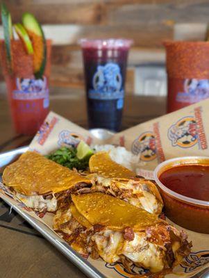 Birria quesatacos with micheladas and jamaica