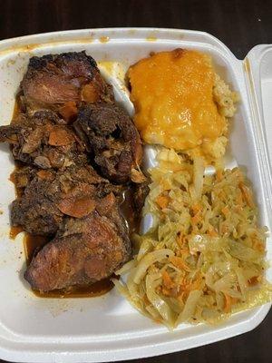 Stew chicken cabbage Mac and cheese!!!!!!!