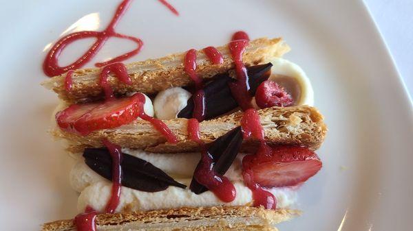 Beautiful and scrumptious Mille-feuille  with berries, mascarpone and honey