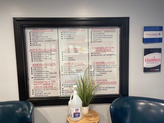 Many services offered at this office from doing doing personal and business taxes in addition to setting up a business.