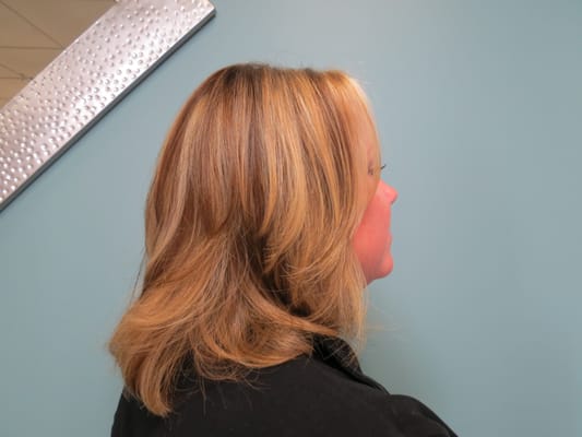 Highlights and Lowlites gives this head of hair alot of dimension showing off all the layers in this cut!