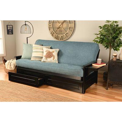 The futon is a classic hardwood frame with tray style arms. This unique and versatile full size futon sofa easily converts to a Bed.