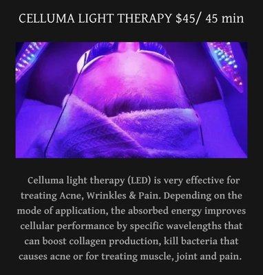 Celluma light therapy (LED) is very effective for treating Acne, Wrinkles & Pain.