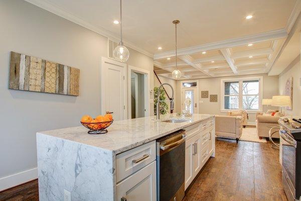 A marble countertop on a kitchen island.