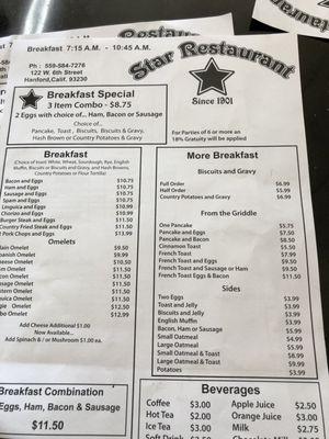 Breakfast menu