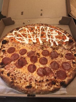 Have pepperoni half buffalo chicken pizza