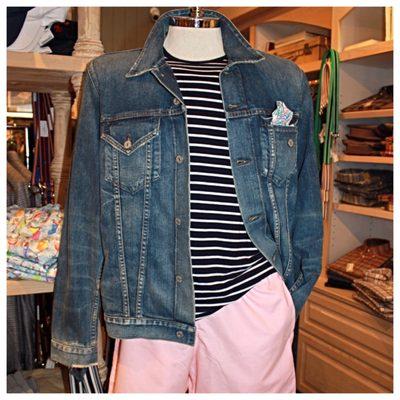 Dapper: men's denim jacket, pocket square, sailor shirt & swim trunks.