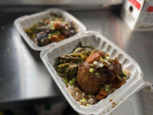 The Stewed Oxtail Plate comes with a side of Rice-n-Peas and Collard Greens!