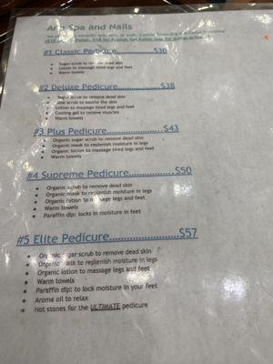 Pedicure menu