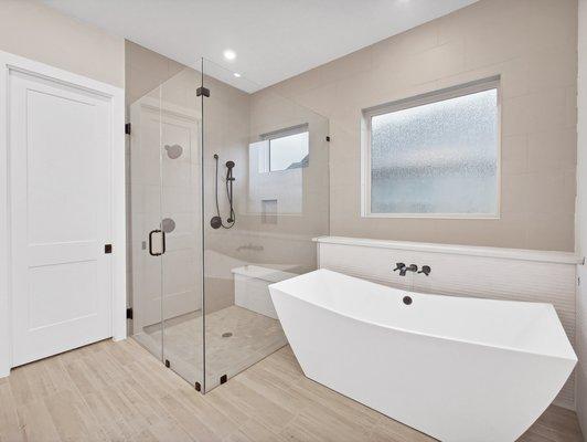 Walk-in frameless glass shower and freestanding tub