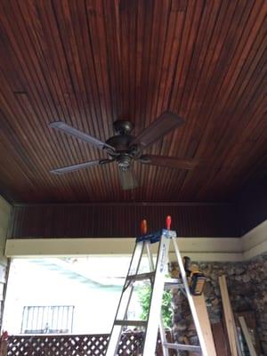 Ceiling fan install outside porch area.