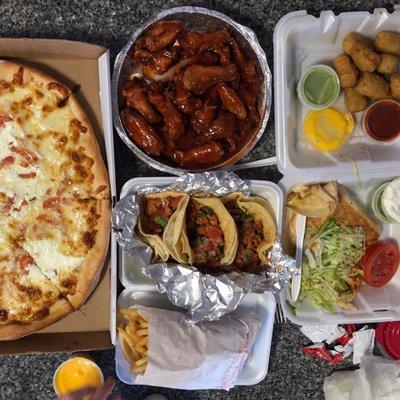 White The White Delight Pizza, Buffalo Wings, Broccoli Bites, 3 Tacos, cheese fries, quesadilla