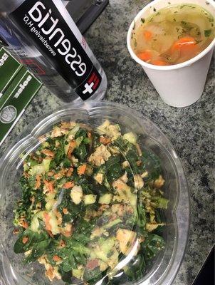 Water, Salad with grilled chicken,mixed greens, croutons,light Italian dressing with a cup of chicken noodle soup