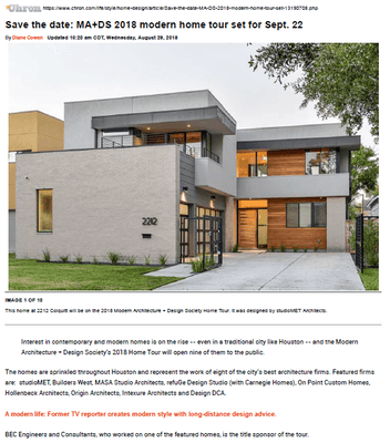 Proud sponsor of the Modern Architecture + Design Society's 2018 Home Tour - One of the featured homes on the tour was designed by our firm.