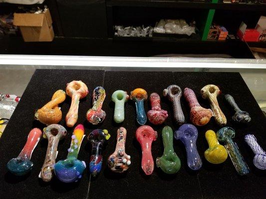 Some of our hand blown glass pipes by local artists!