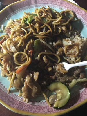 Pork lo mein mixed Happy Family w duck sauce and soy sauce tastes good,