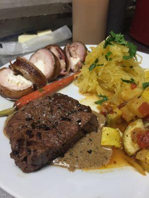 Tenderloin, bacon wrapped chicken breasts, spaghetti squash, and squash medley