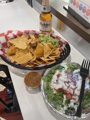 Beer, chips n guac, burrito bowl $31.44