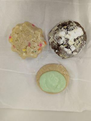 Three cookies: May Day, Thumbprint, and a chocolaty one.