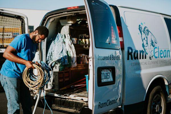 Van with cleaning supplies