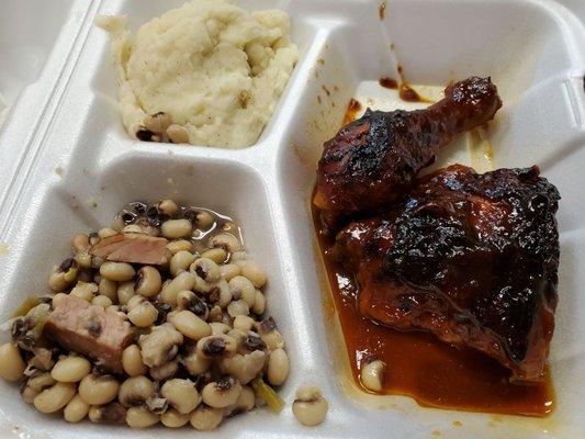 Bbq chicken, mashed potatoes, blackeye peas