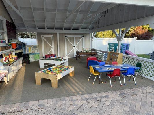 Under our covered carport area with indoor/outdoor carpeting.