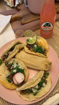 2 asada tacos, 2 al pastor & a tamale verde