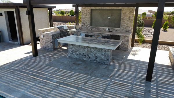 Patio Cover, outside bathroom, Travertine, BBQ, TV mount wall