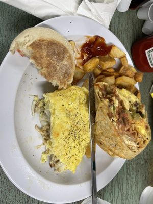 Crab omelette and breakfast burrito (half eaten already)