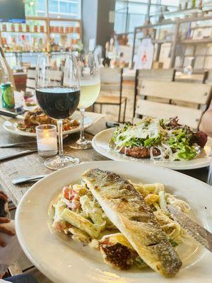 Branzino, Chicken Scarpariello,  Maiale milanesa , Vietri barbera di Asti and a Sauvignon Vlanc