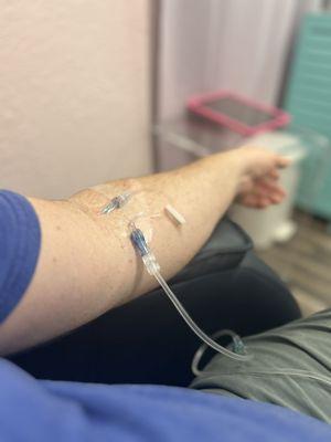 Hooked up for an IV with Vitamin B, C, Zinc and Magnesium.