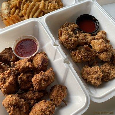 Chicken Nuggets on the left, Vegan Nuggets (fried cauliflower) on the right, plus Waffle Fries & tangy Sauces - YUM!!!