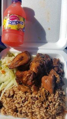 Brown Stew Chicken w/rice & peas, fried sweet plantain, steamed veggies & small beverage