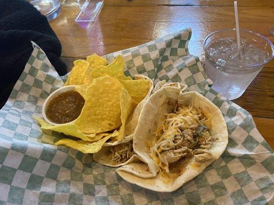 Great deal $5 for two tacos and chips! Tasty and hot with lots of meat!