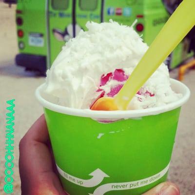 Down at grand haven beach for the sand sculpture contest.  I seen the truck froyo for my 1st time.happy about coconut toppings!