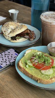 avocado toast, bacon bagel, & mocha