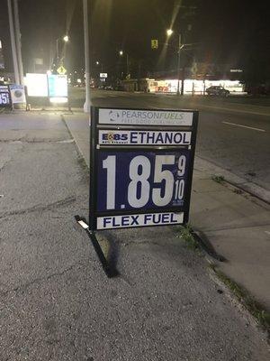 Sign for E-85 is $1.85 per gallon. Pump says $1.95. No Cash vs. Credit sign, because this  tactic is illegal, I won't be back.