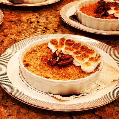 Sweet potato crème brûlée, with pecan and toasted marshmallows